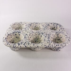 Vintage Dr Douglas Wonder Baker 6 Muffin Pan Glazed Ceramic Blue Splatter